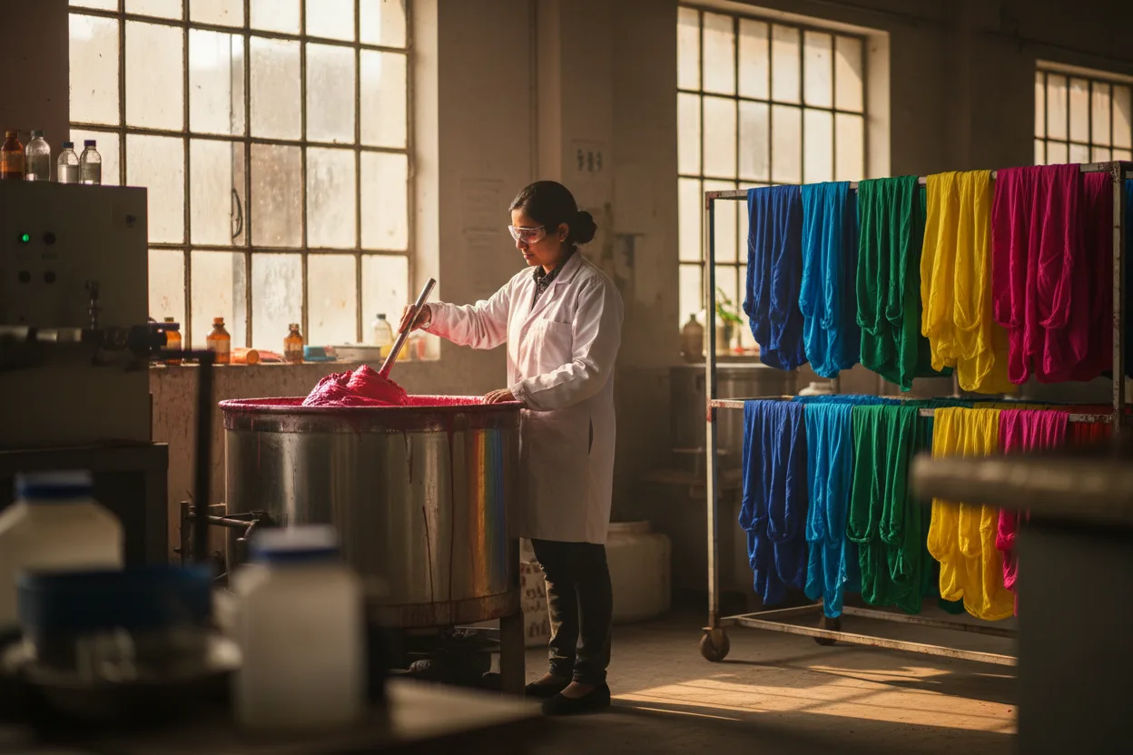 A chemist stirring a reactor of pigment paste, dyed fabric drying alongside